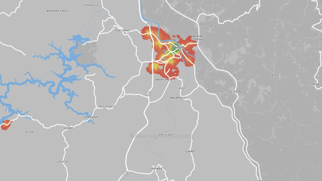 Walk Grade map of Louisa, KY, walkable areas in green and car-dependent areas in red