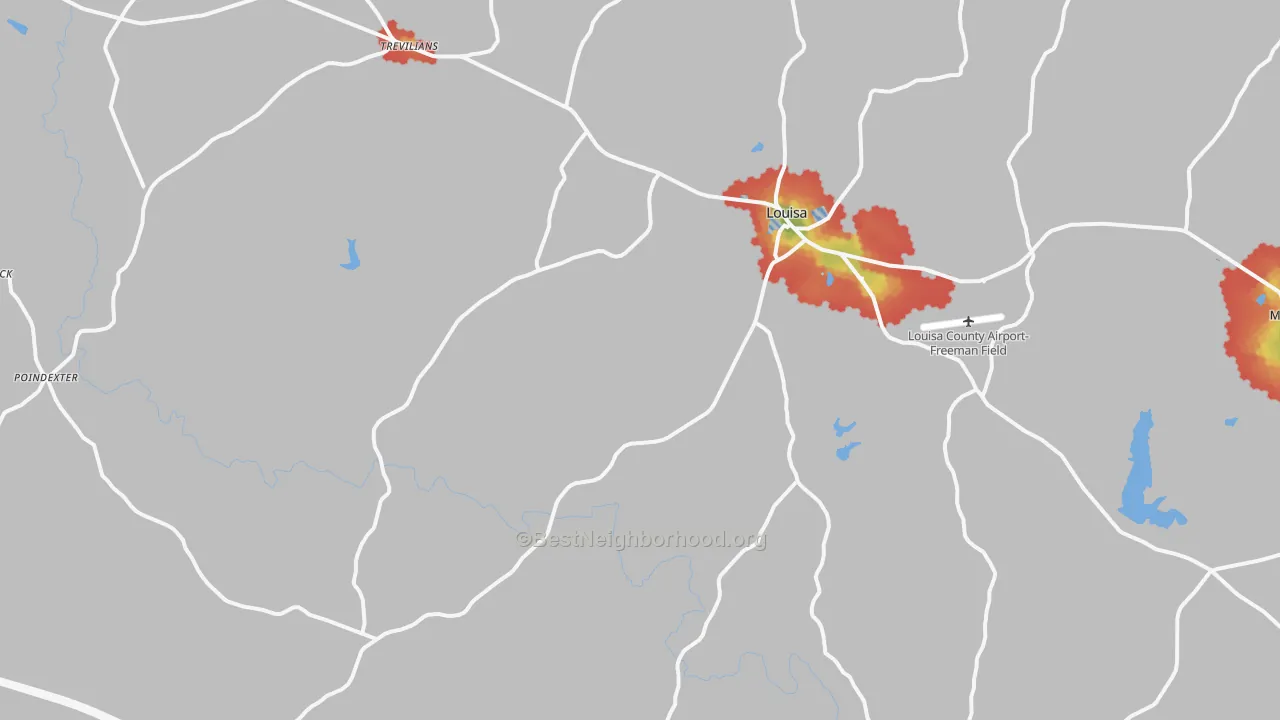 Walk Grade map of Louisa, VA, walkable areas in green and car-dependent areas in red