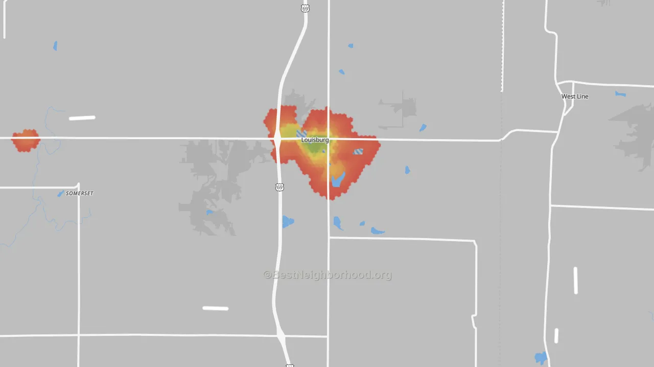 Walk Grade map of Louisburg, KS, walkable areas in green and car-dependent areas in red