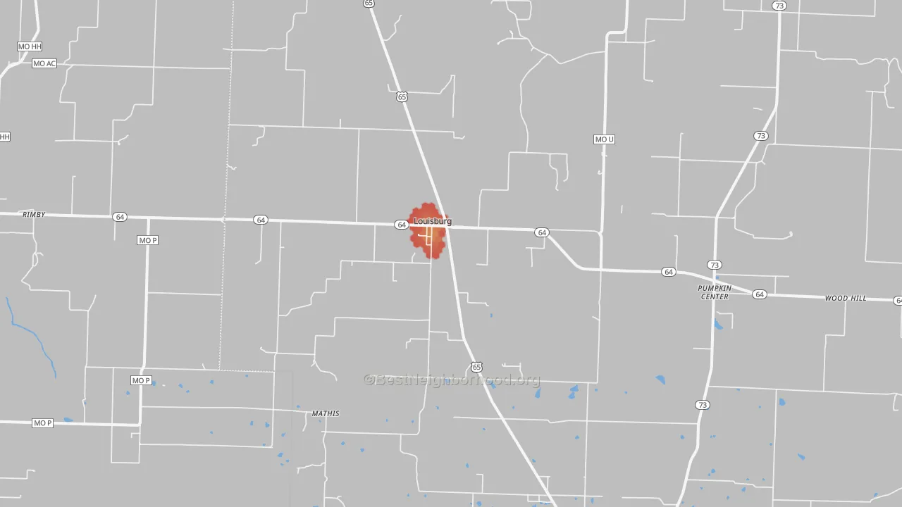 Walk Grade map of Louisburg, MO, walkable areas in green and car-dependent areas in red