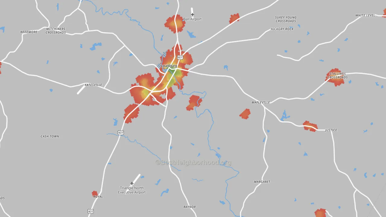 Walk Grade map of Louisburg, NC, walkable areas in green and car-dependent areas in red