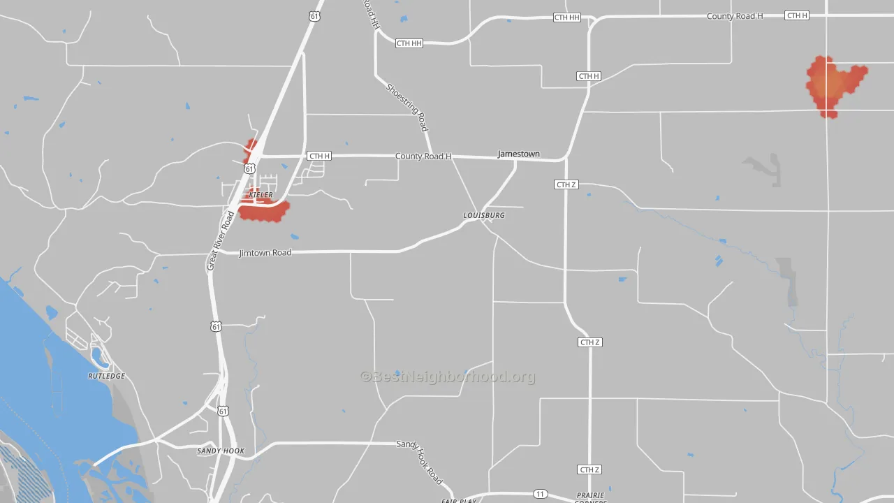 Walk Grade map of Louisburg, WI, walkable areas in green and car-dependent areas in red