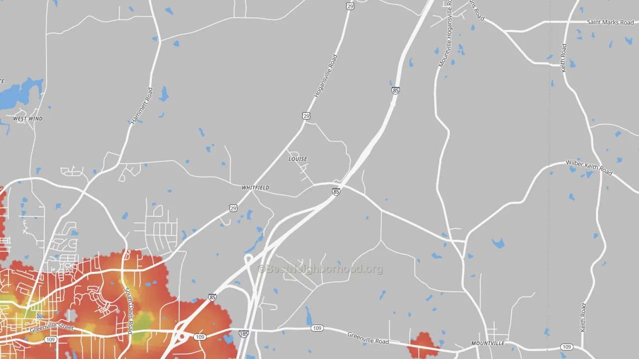 Walk Grade map of Louise, GA, walkable areas in green and car-dependent areas in red