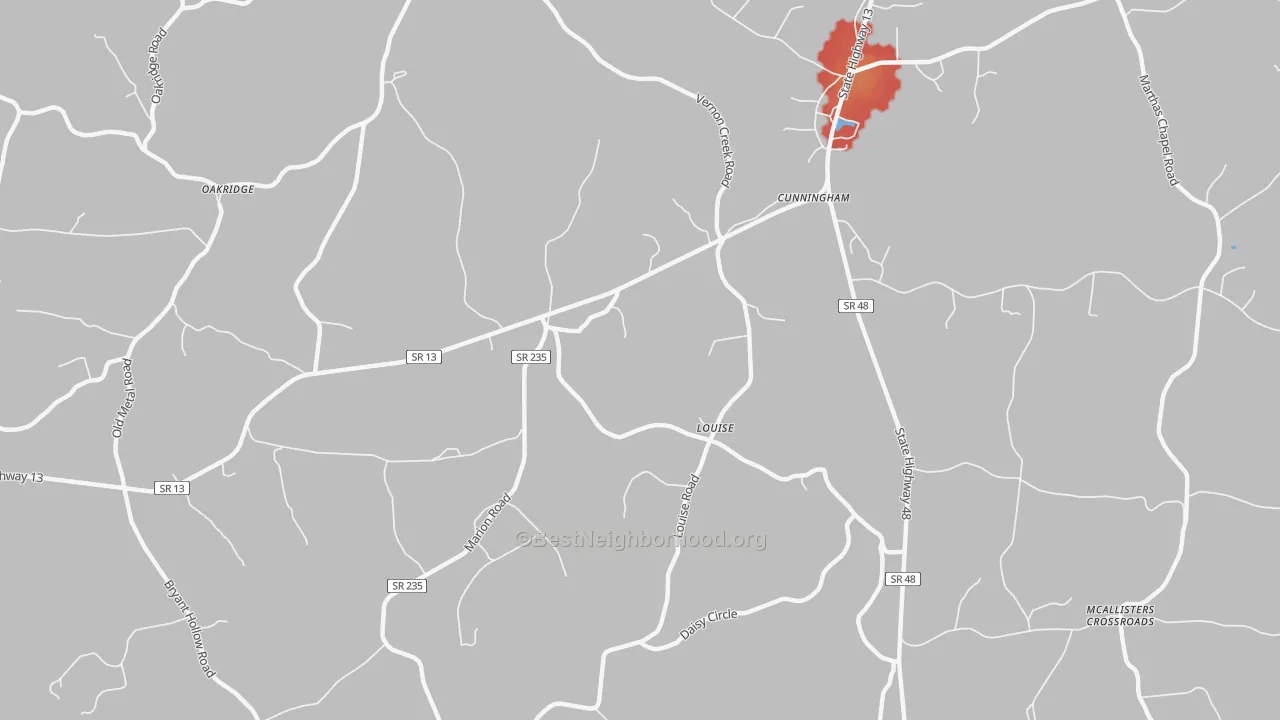 Walk Grade map of Louise, TN, walkable areas in green and car-dependent areas in red