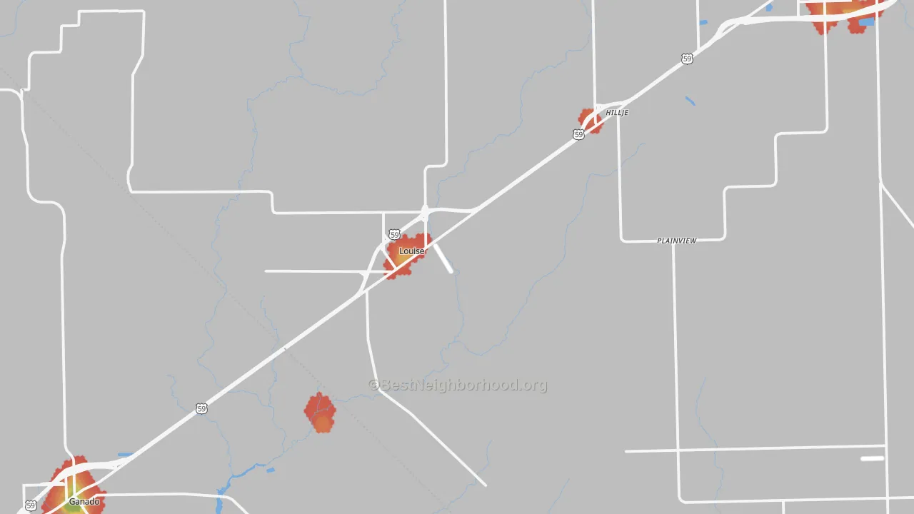 Walk Grade map of Louise, TX, walkable areas in green and car-dependent areas in red