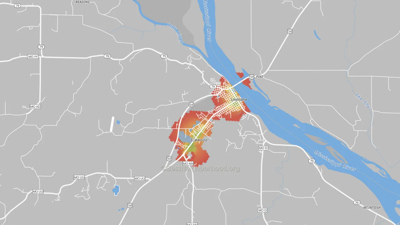 Walk Grade map of Louisiana, MO, walkable areas in green and car-dependent areas in red