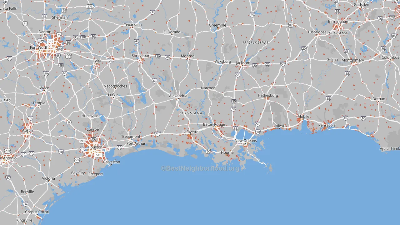 Walk Grade map of Louisiana, walkable areas in green and car-dependent areas in red