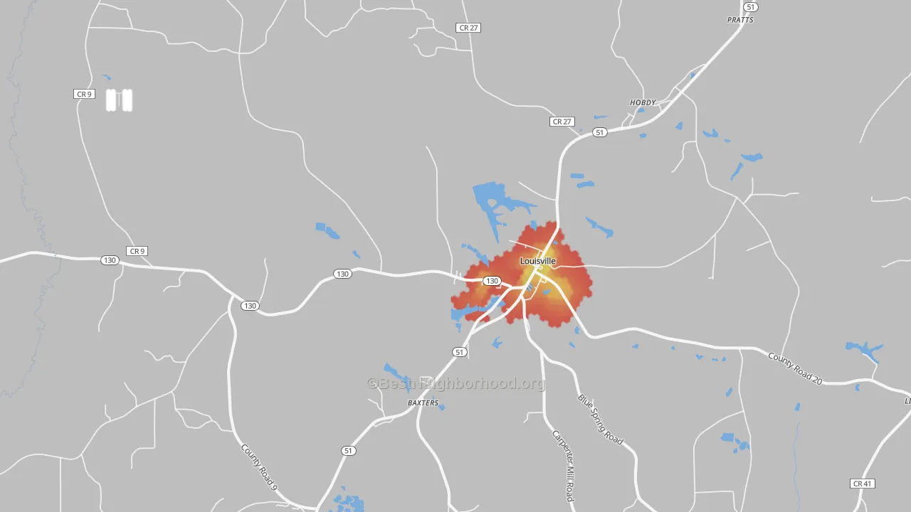 Walk Grade map of Louisville, AL, walkable areas in green and car-dependent areas in red