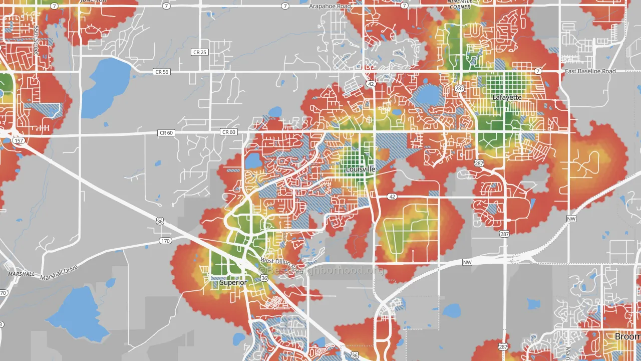 Walk Grade map of Louisville, CO, walkable areas in green and car-dependent areas in red