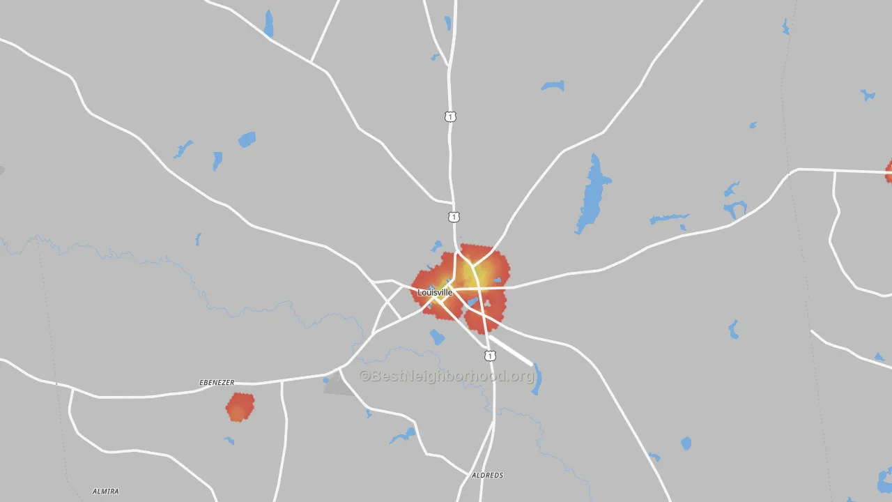 Walk Grade map of Louisville, GA, walkable areas in green and car-dependent areas in red