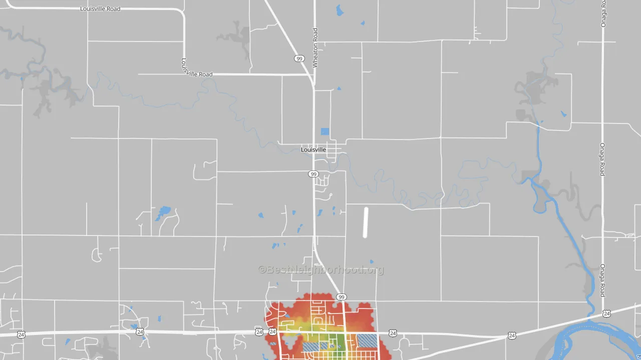 Walk Grade map of Louisville, KS, walkable areas in green and car-dependent areas in red