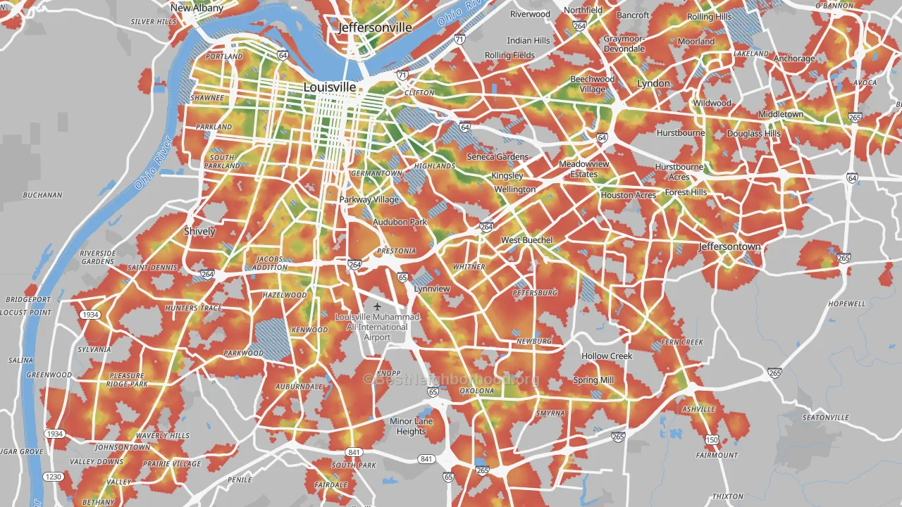 Walk Grade map of Louisville, KY, walkable areas in green and car-dependent areas in red