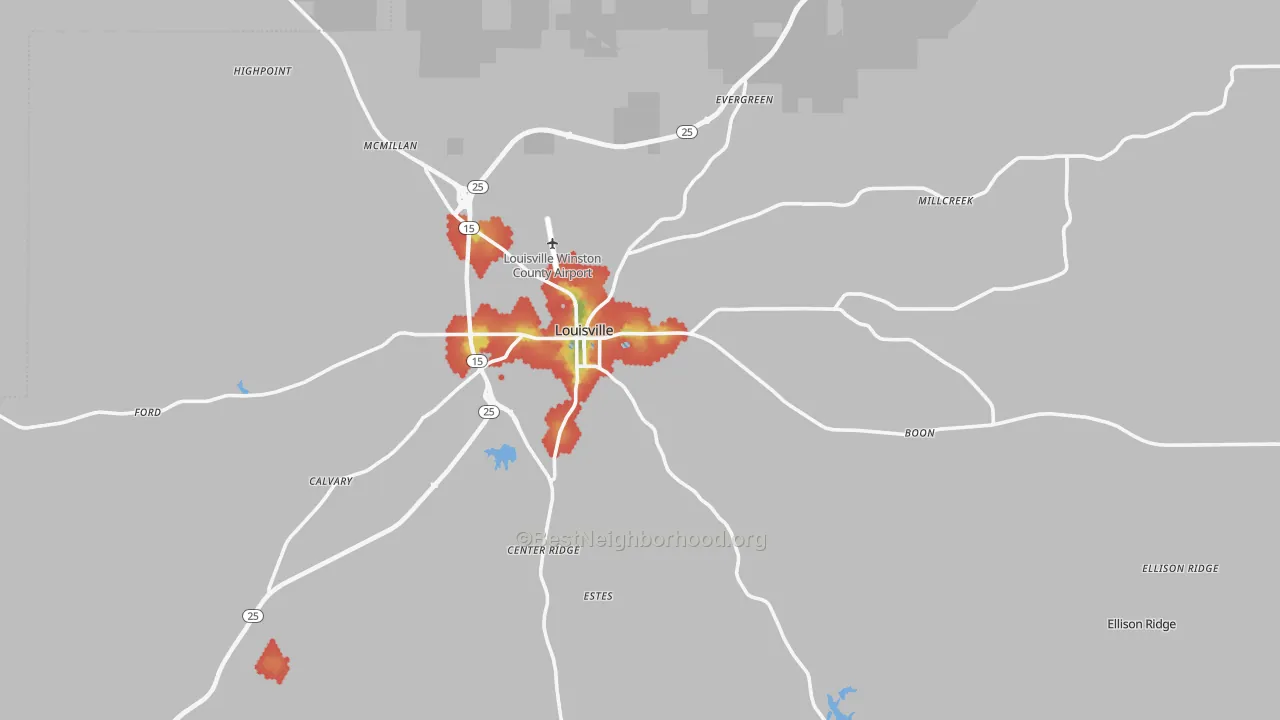 Walk Grade map of Louisville, MS, walkable areas in green and car-dependent areas in red