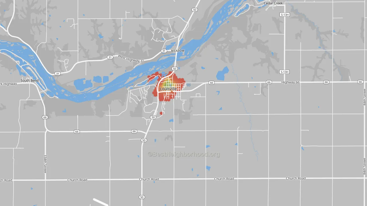 Walk Grade map of Louisville, NE, walkable areas in green and car-dependent areas in red