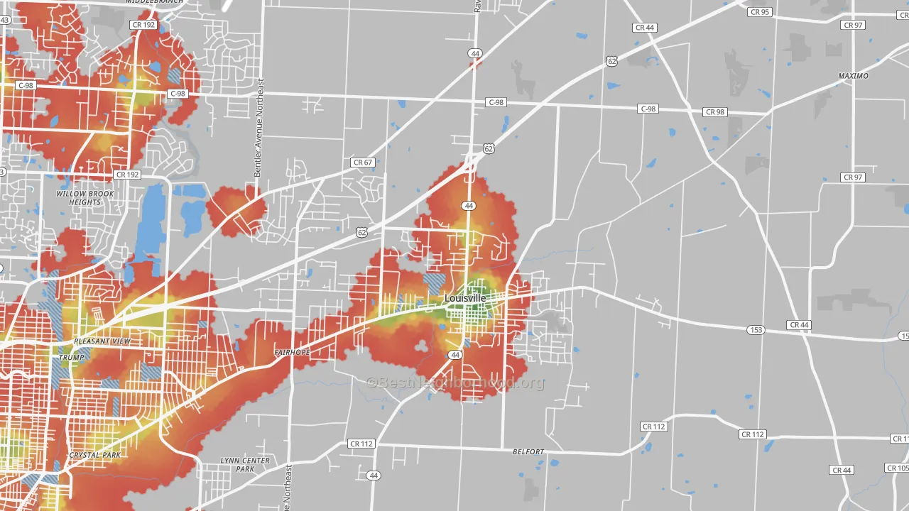 Walk Grade map of Louisville, OH, walkable areas in green and car-dependent areas in red