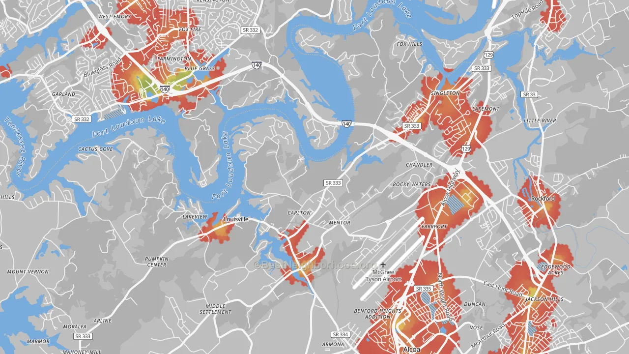 Walk Grade map of Louisville, TN, walkable areas in green and car-dependent areas in red