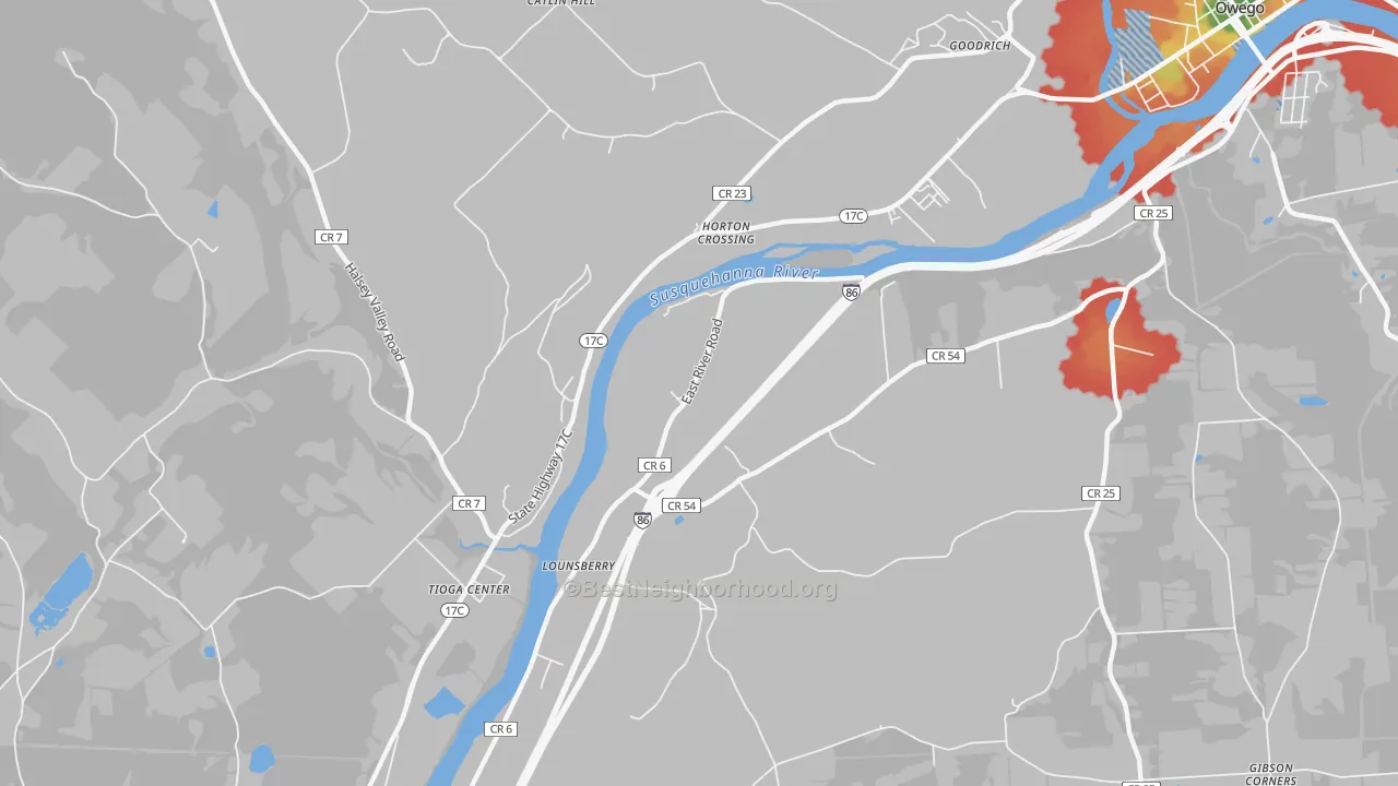 Walk Grade map of Lounsberry, NY, walkable areas in green and car-dependent areas in red