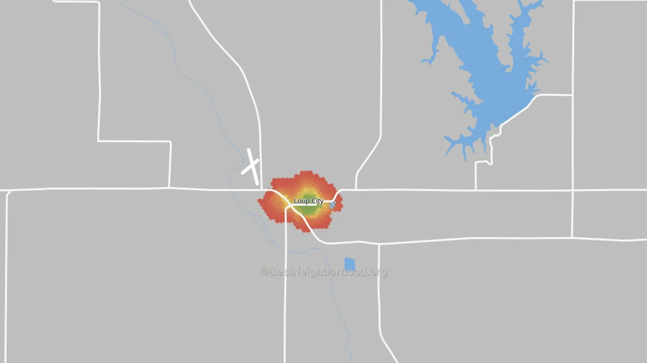 Walk Grade map of Loup City, NE, walkable areas in green and car-dependent areas in red