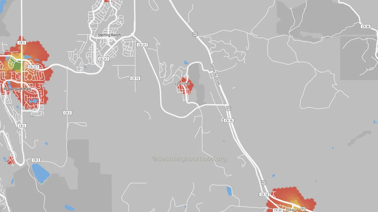 Walk Grade map of Louviers, CO, walkable areas in green and car-dependent areas in red