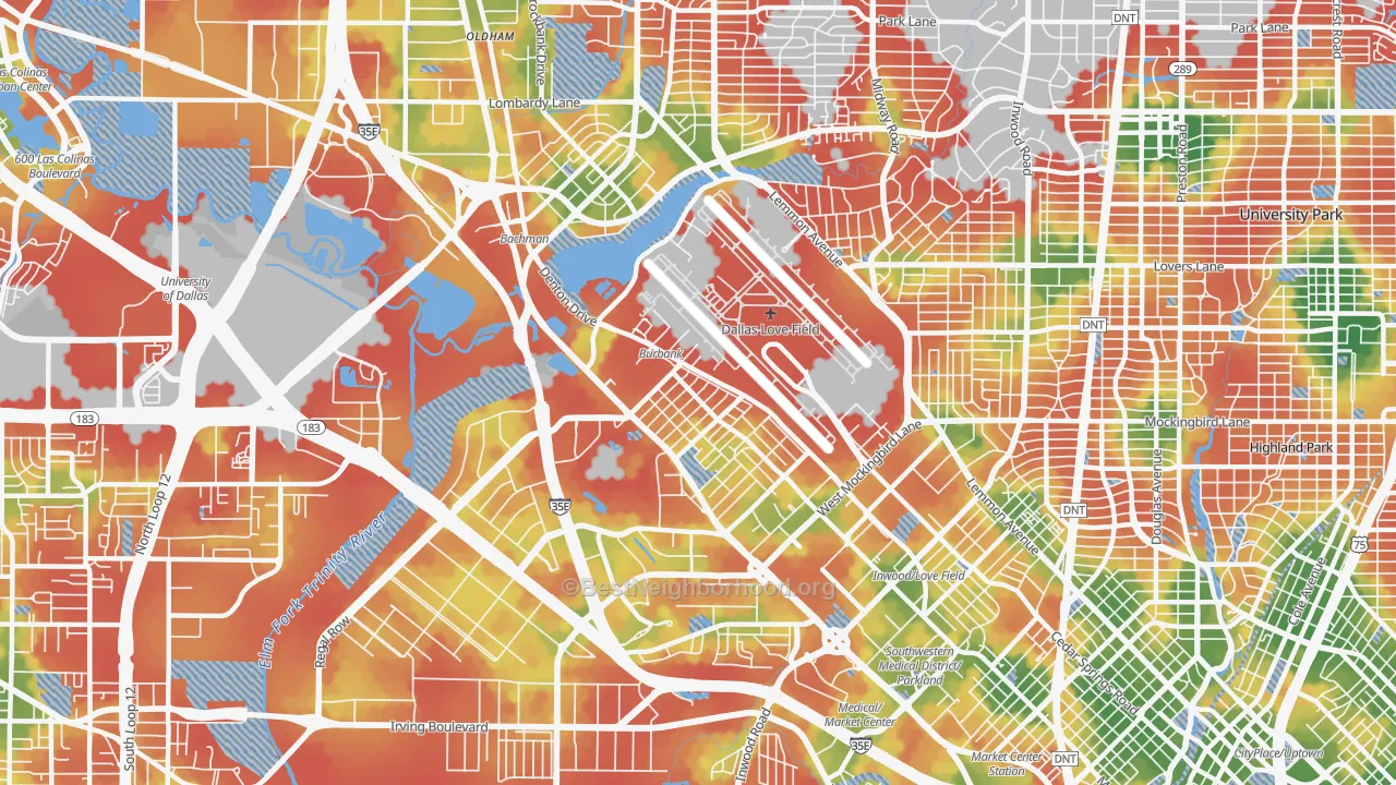 Walk Grade map of Love Field Area, Dallas, TX, walkable areas in green and car-dependent areas in red