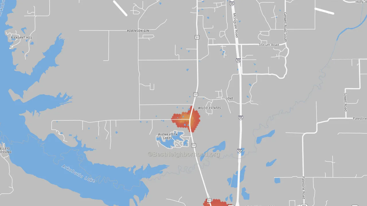 Walk Grade map of Love, MS, walkable areas in green and car-dependent areas in red