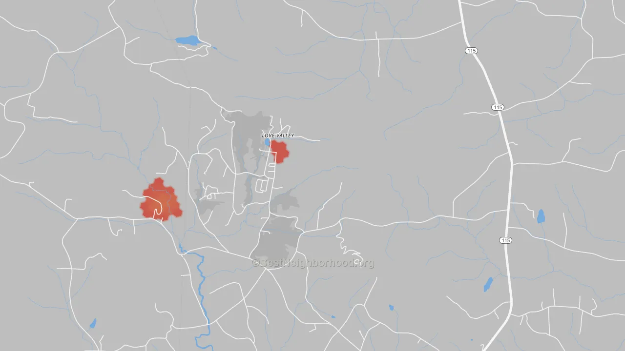 Walk Grade map of Love Valley, NC, walkable areas in green and car-dependent areas in red