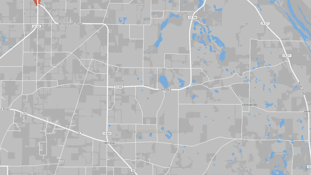 Walk Grade map of Lovedale, FL, walkable areas in green and car-dependent areas in red