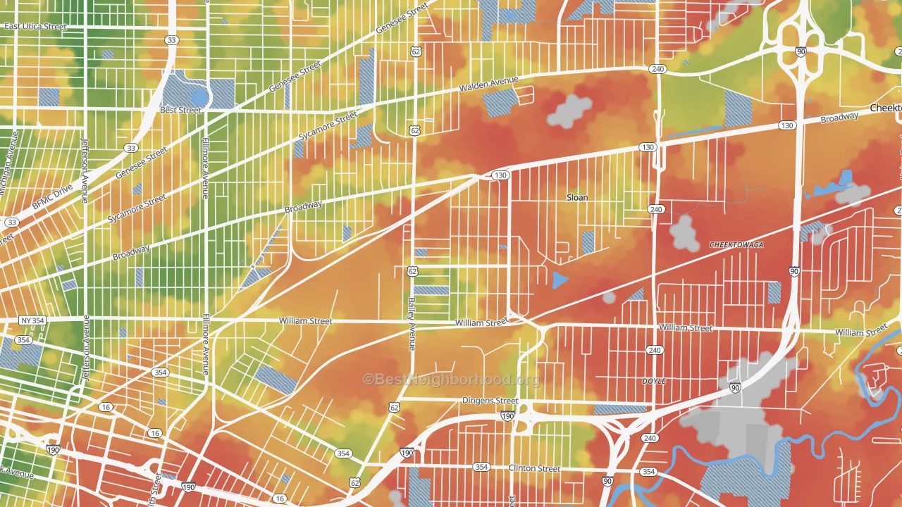 Walk Grade map of Lovejoy, Buffalo, NY, walkable areas in green and car-dependent areas in red