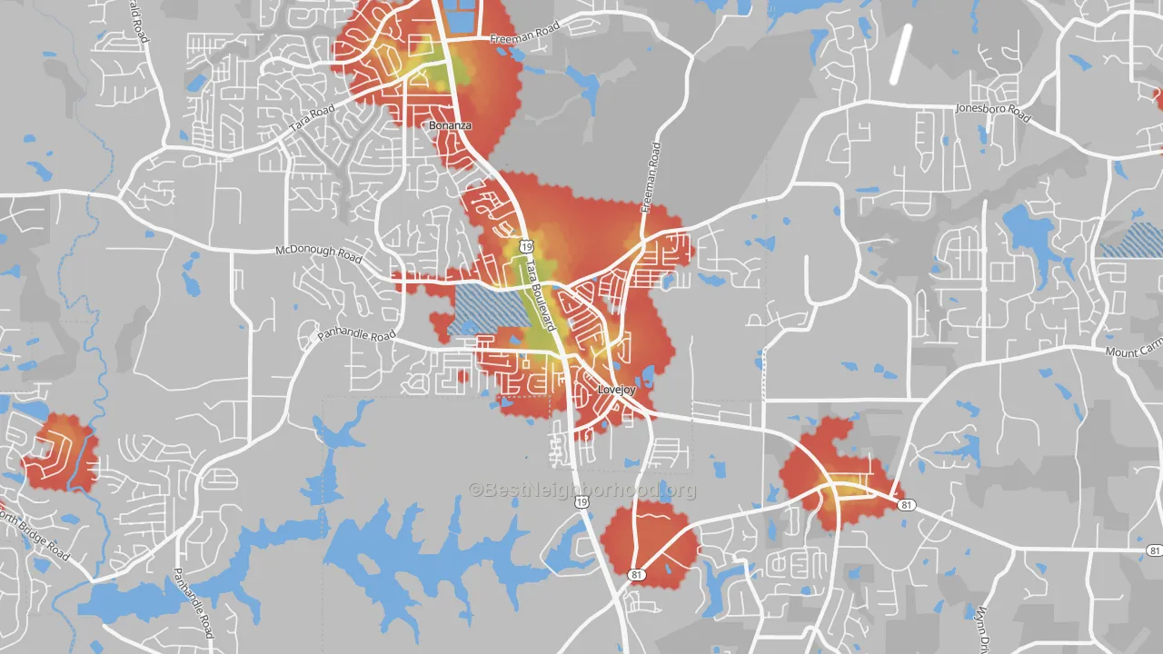 Walk Grade map of Lovejoy, GA, walkable areas in green and car-dependent areas in red