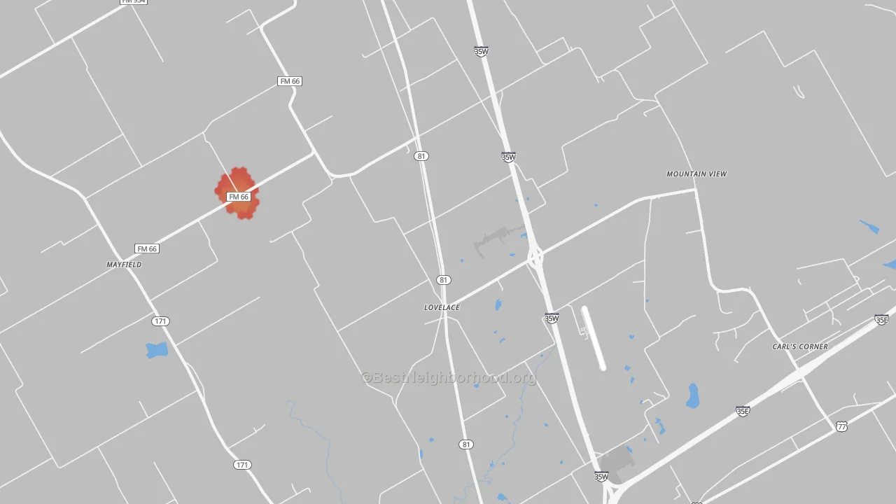 Walk Grade map of Lovelace, TX, walkable areas in green and car-dependent areas in red