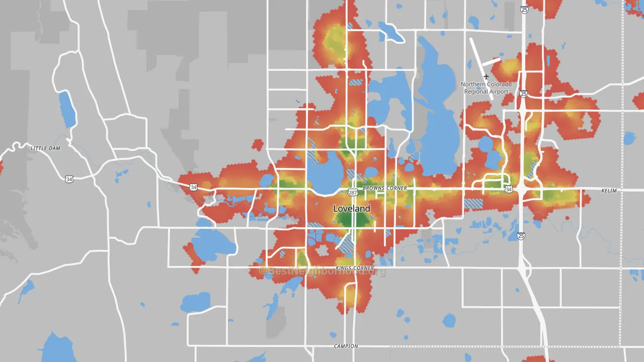 Walk Grade map of Loveland, CO, walkable areas in green and car-dependent areas in red
