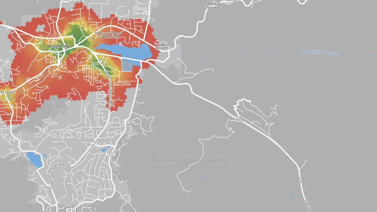 Walk Grade map of Loveland Heights, CO, walkable areas in green and car-dependent areas in red