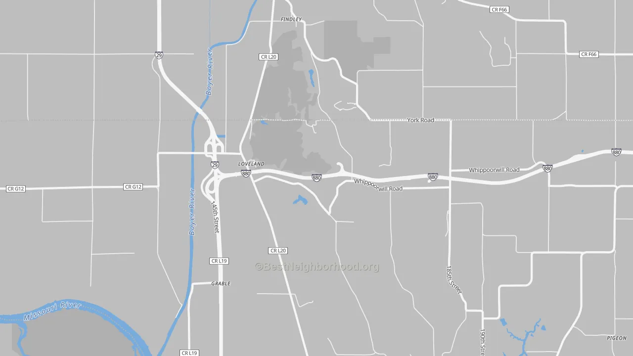 Walk Grade map of Loveland, IA, walkable areas in green and car-dependent areas in red