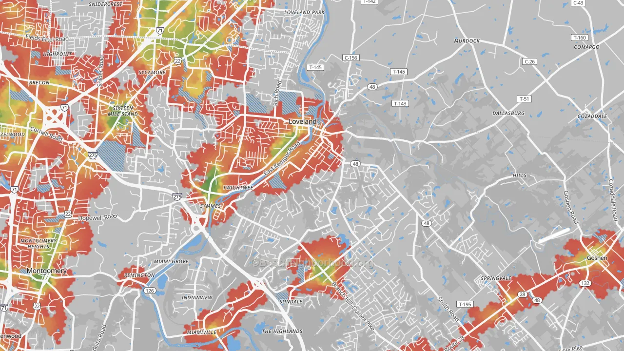 Walk Grade map of Loveland, OH, walkable areas in green and car-dependent areas in red
