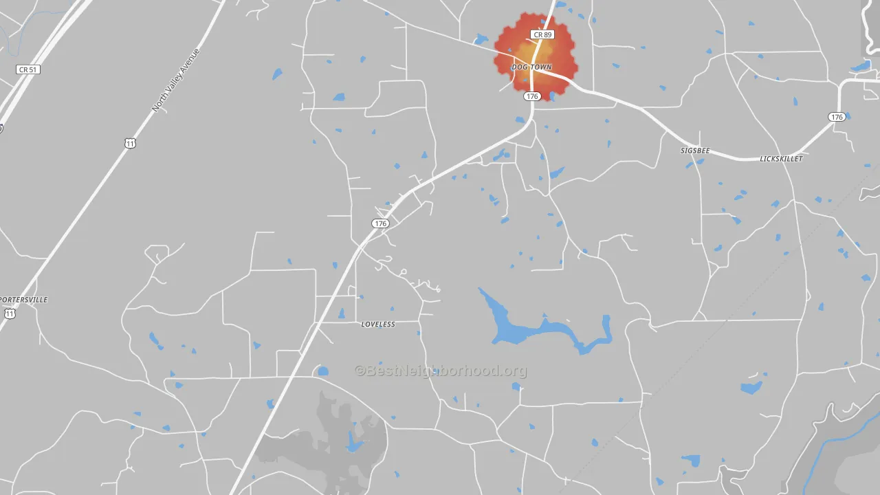 Walk Grade map of Loveless, AL, walkable areas in green and car-dependent areas in red