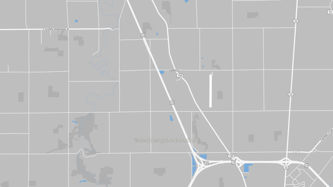 Walk Grade map of Lovell, OH, walkable areas in green and car-dependent areas in red