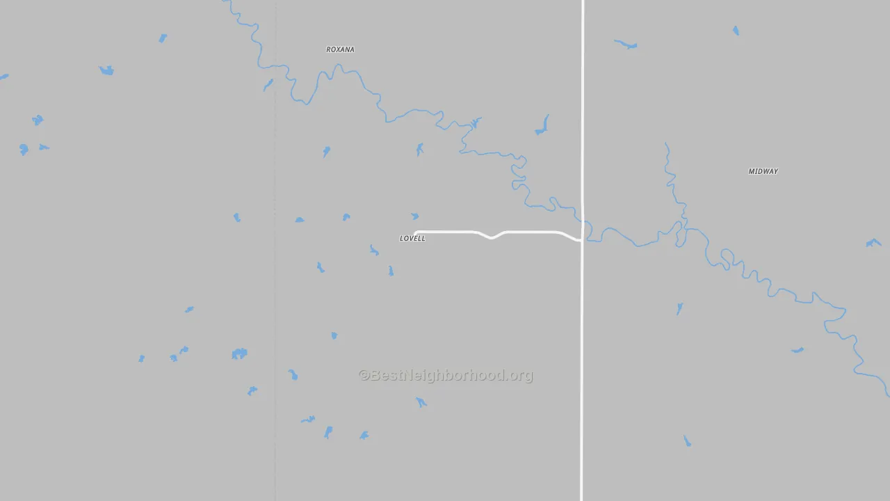 Walk Grade map of Lovell, OK, walkable areas in green and car-dependent areas in red