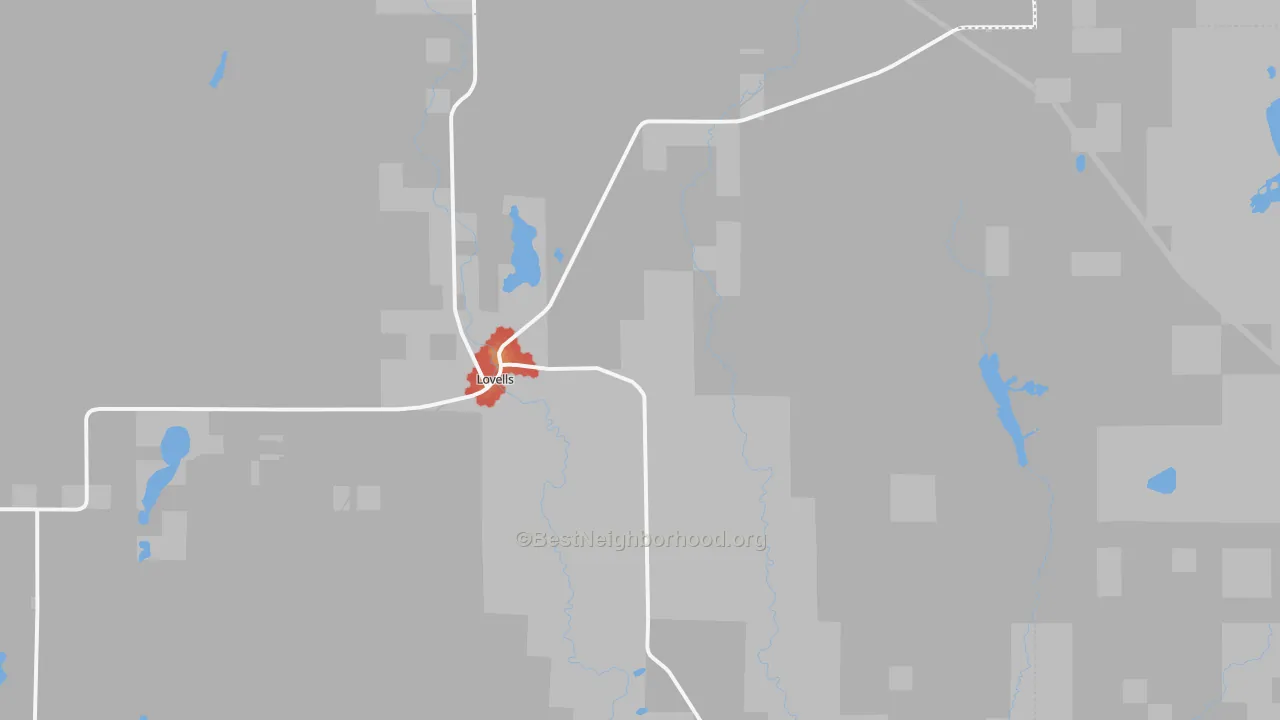 Walk Grade map of Lovells, MI, walkable areas in green and car-dependent areas in red