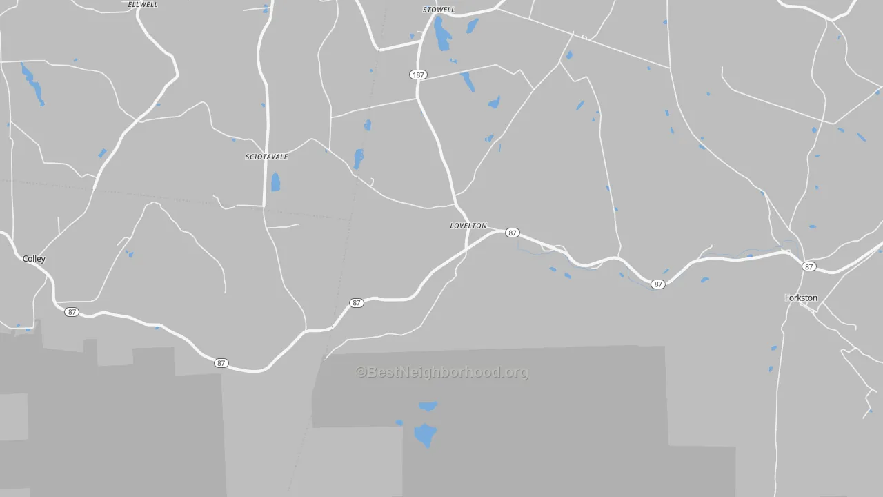 Walk Grade map of Lovelton, PA, walkable areas in green and car-dependent areas in red