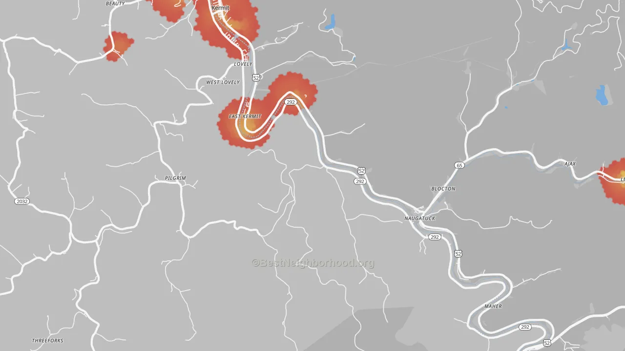 Walk Grade map of Lovely, KY, walkable areas in green and car-dependent areas in red