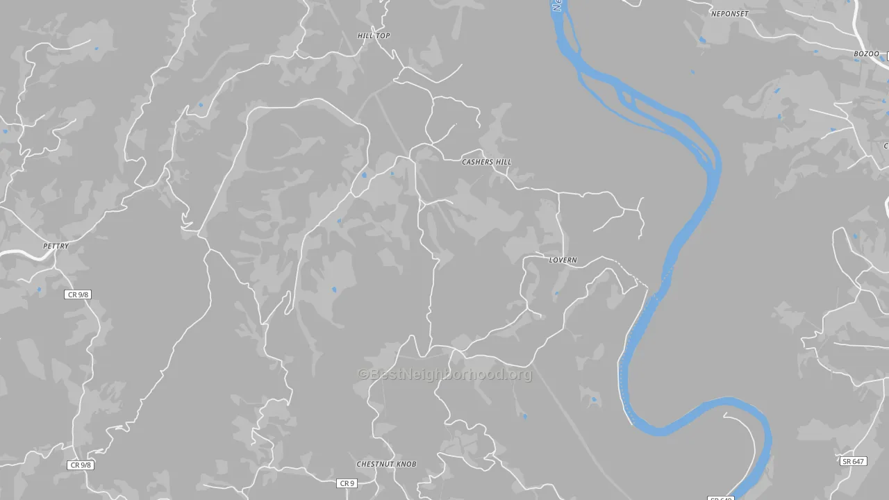 Walk Grade map of Lovern, WV, walkable areas in green and car-dependent areas in red