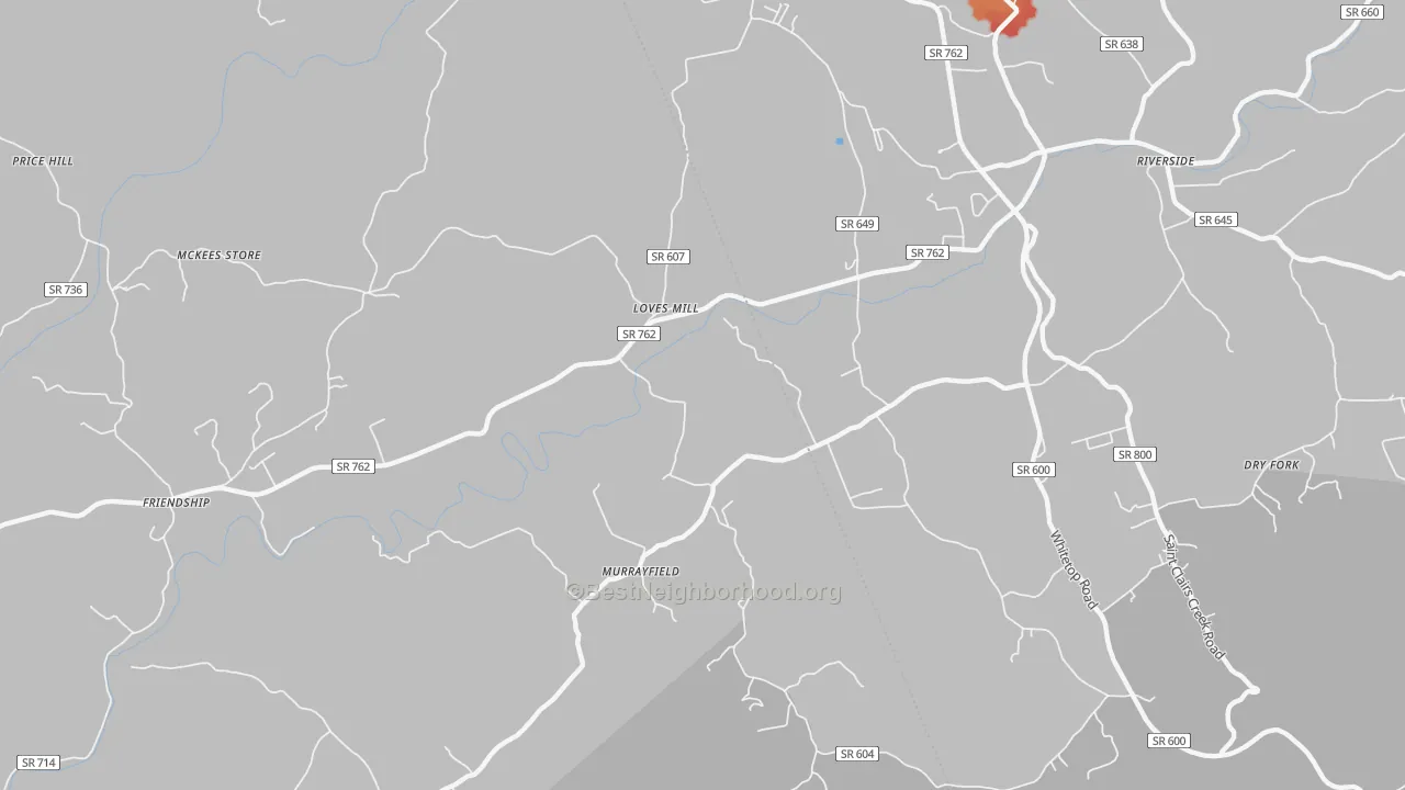 Walk Grade map of Loves Mill, VA, walkable areas in green and car-dependent areas in red
