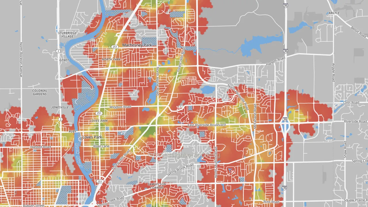 Walk Grade map of Loves Park, IL, walkable areas in green and car-dependent areas in red
