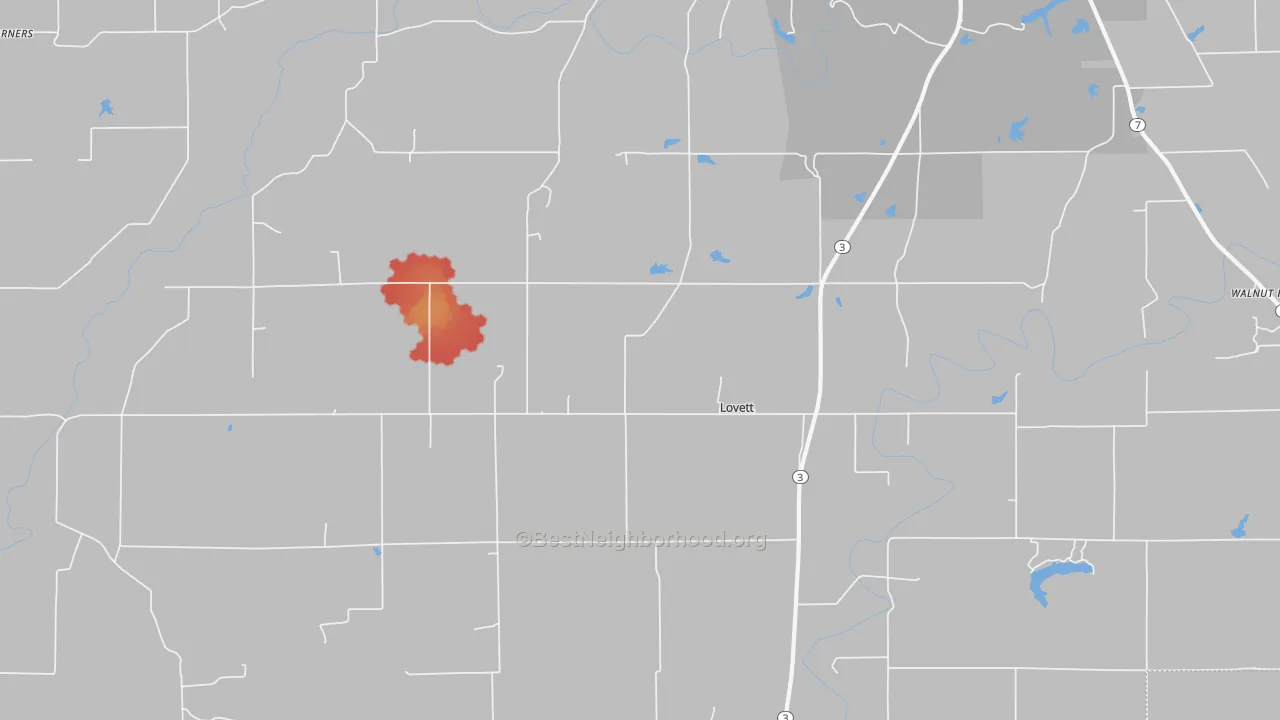 Walk Grade map of Lovett, IN, walkable areas in green and car-dependent areas in red