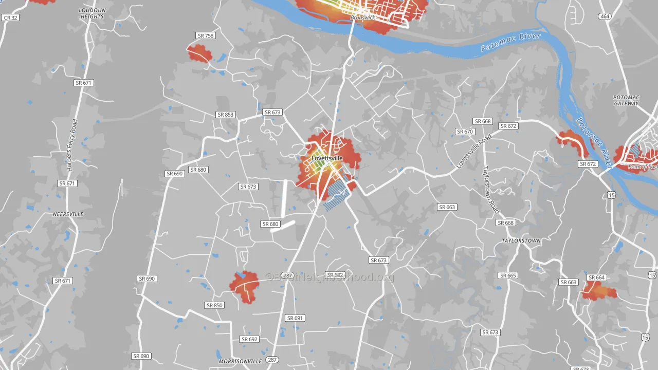 Walk Grade map of Lovettsville, VA, walkable areas in green and car-dependent areas in red