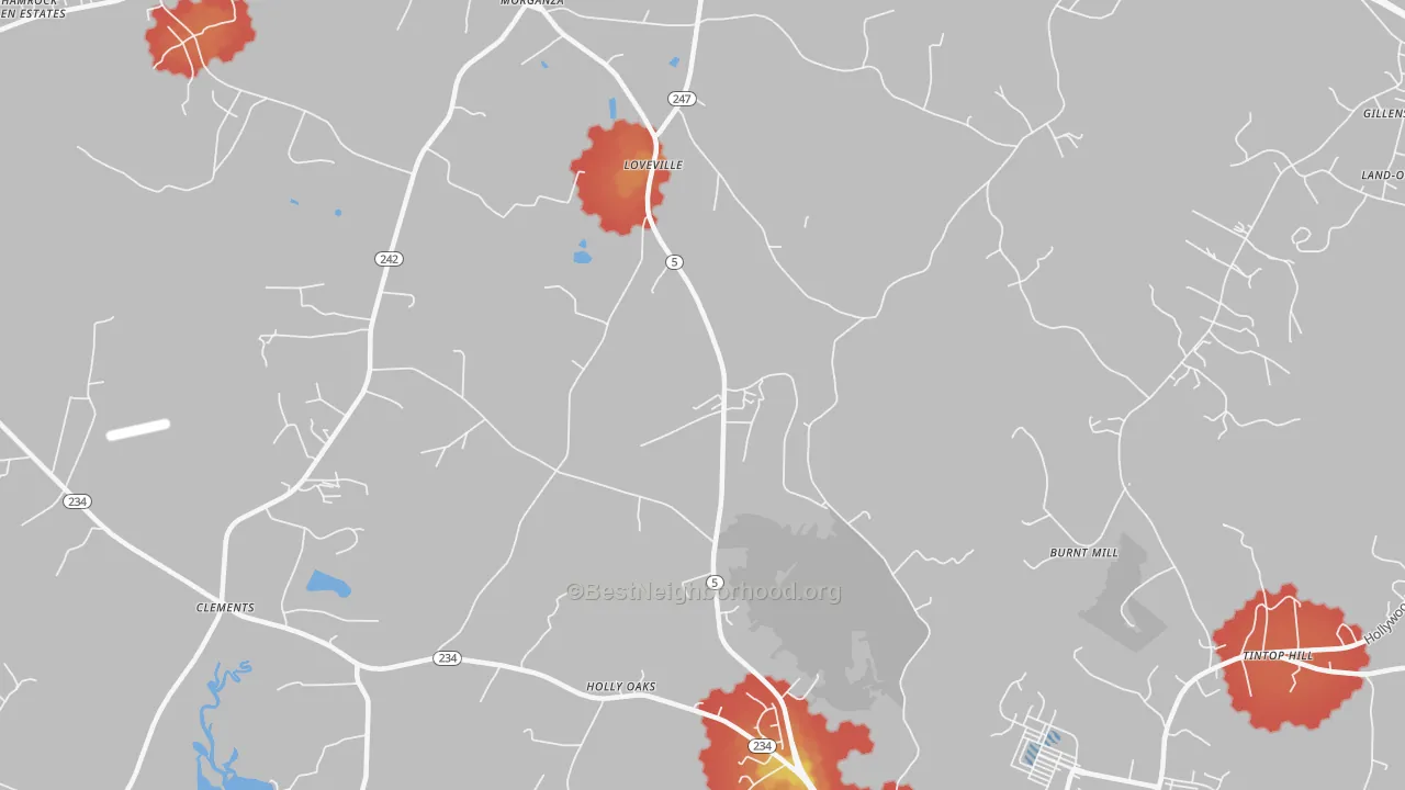 Walk Grade map of Loveville, MD, walkable areas in green and car-dependent areas in red