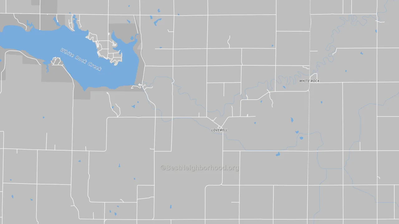 Walk Grade map of Lovewell, KS, walkable areas in green and car-dependent areas in red