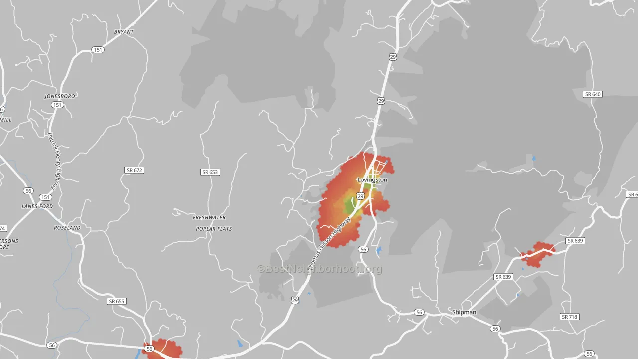 Walk Grade map of Lovingston, VA, walkable areas in green and car-dependent areas in red