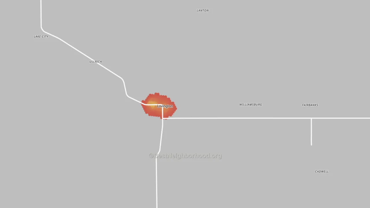 Walk Grade map of Lovington, IL, walkable areas in green and car-dependent areas in red