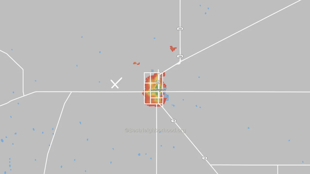 Walk Grade map of Lovington, NM, walkable areas in green and car-dependent areas in red
